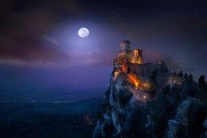 landscape, Nature, Fortress, Castle, San Marino, Moon, Starry Night, Mist, Valley, Lights, Clouds, Trees, Architecture, Mountain