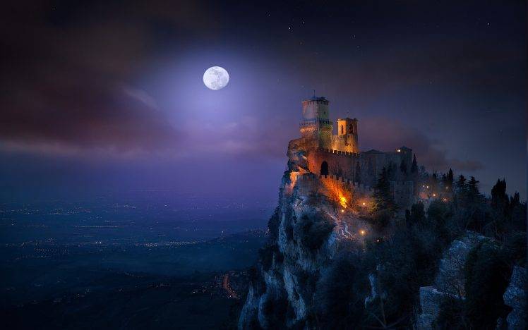 landscape, Nature, Fortress, Castle, San Marino, Moon, Starry Night, Mist, Valley, Lights, Clouds, Trees, Architecture, Mountain HD Wallpaper Desktop Background