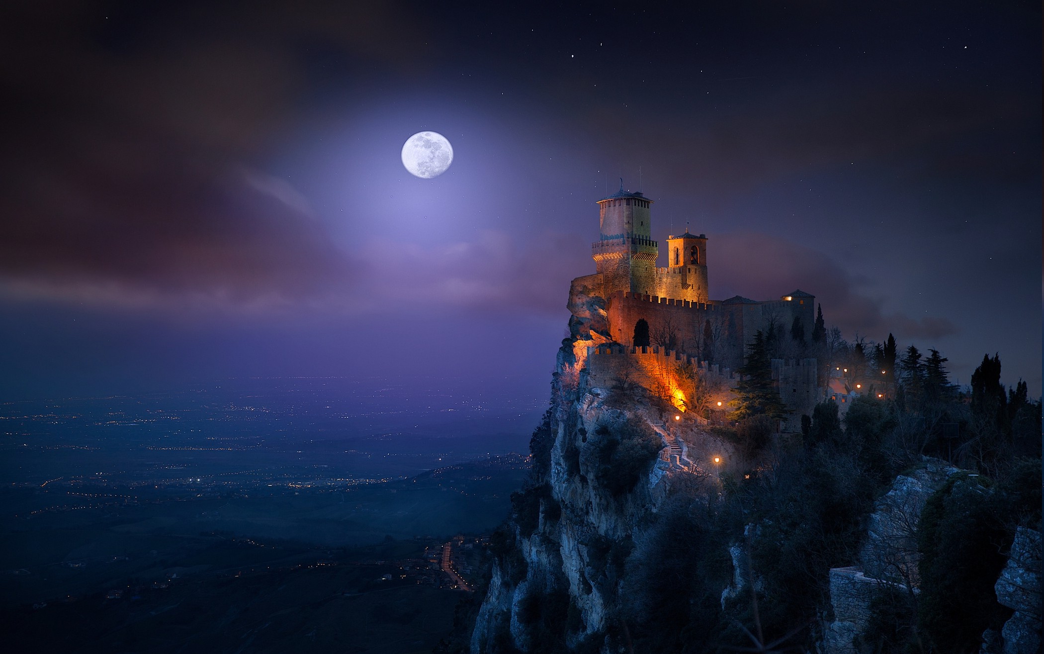 landscape, Nature, Fortress, Castle, San Marino, Moon, Starry Night, Mist, Valley, Lights, Clouds, Trees, Architecture, Mountain Wallpaper