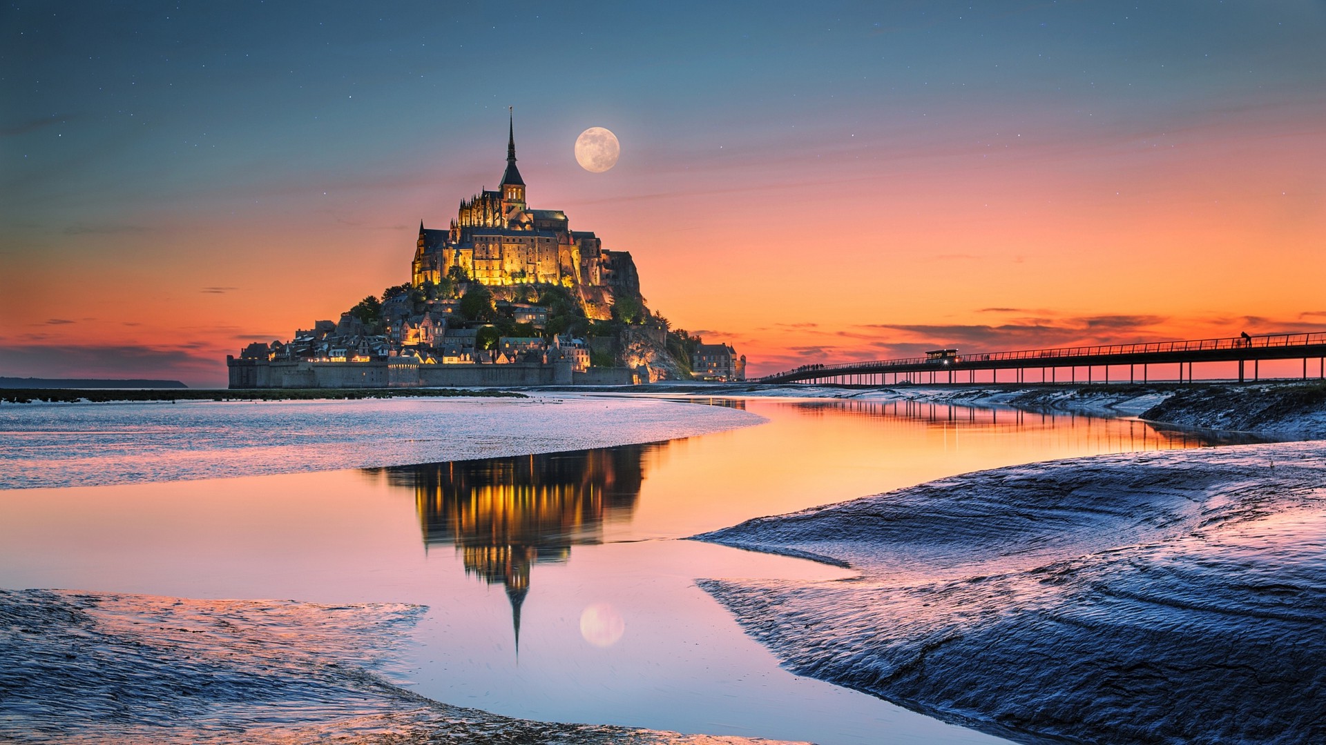 Landscape Nature Moon Bridge France Church Island River Water Sunset Architecture Monastery History World Heritage Site Lemontstmichel Wallpapers Hd Desktop And Mobile Backgrounds