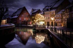landscape, Nature, City, Canal, House, Winter, Snow, Christmas Ornaments, Lantern, France, Fence, Street, Water, Lights