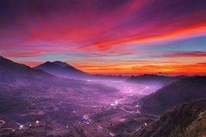 nature, Landscape, Mist, Valley, Sky, Sunrise, Indonesia, Mountain, Field, Village, Road, Lights, Clouds