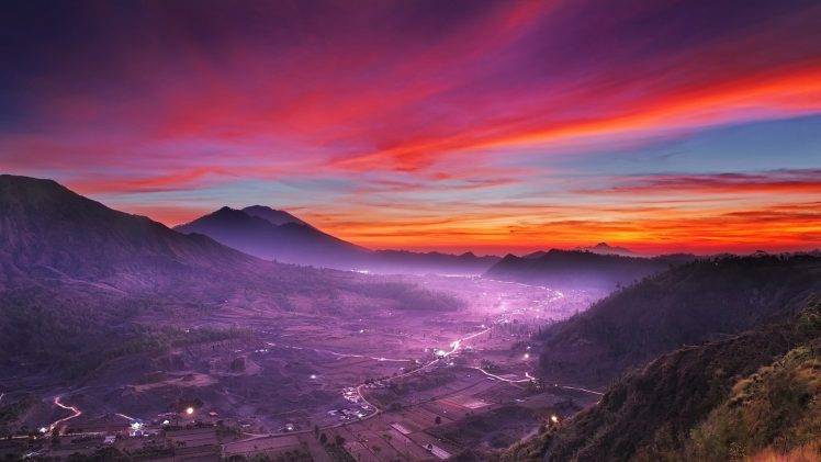 nature, Landscape, Mist, Valley, Sky, Sunrise, Indonesia, Mountain, Field, Village, Road, Lights, Clouds HD Wallpaper Desktop Background