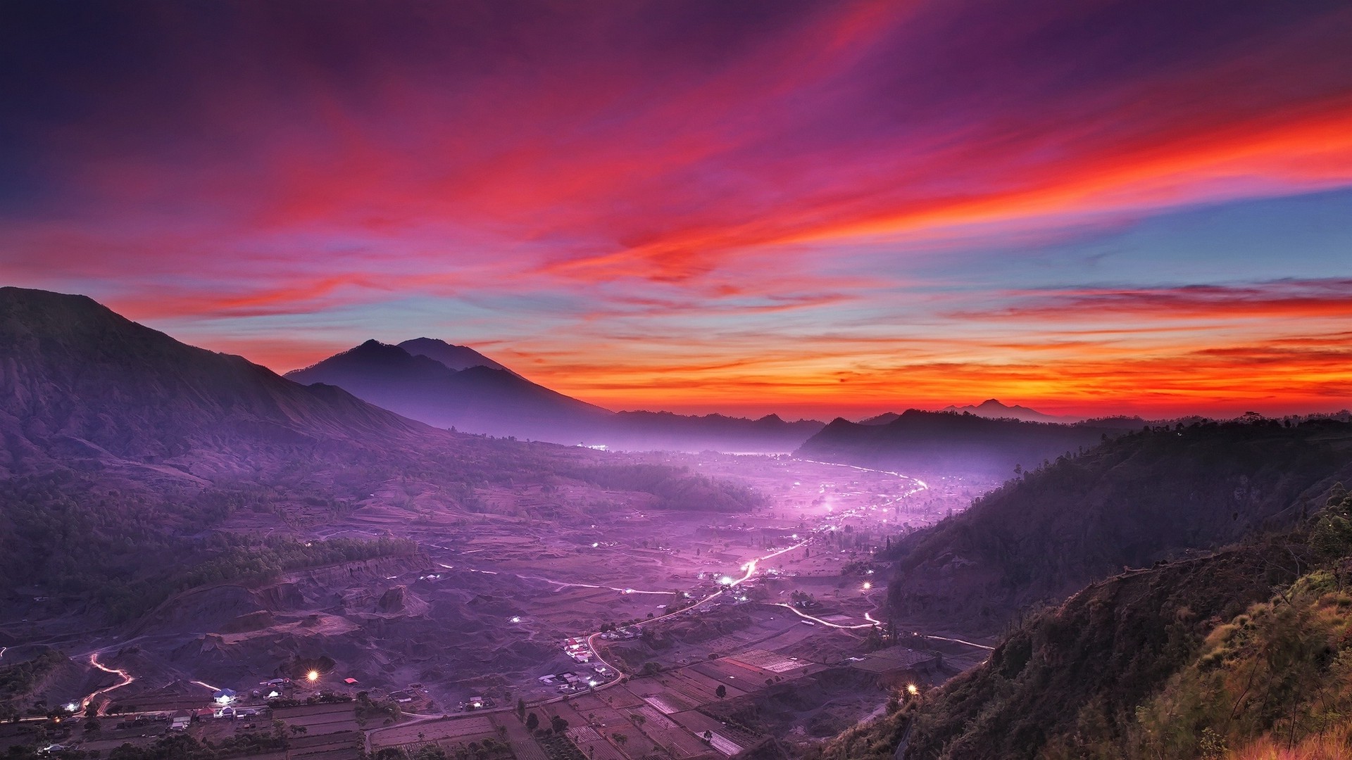 nature, Landscape, Mist, Valley, Sky, Sunrise, Indonesia, Mountain, Field, Village, Road, Lights, Clouds Wallpaper