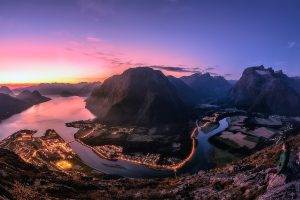 nature, Landscape, River, Sunset, Mountain, Cityscape, Lights, Summer, Norway, Panoramas, Water, Sky