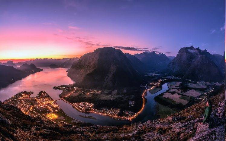 nature, Landscape, River, Sunset, Mountain, Cityscape, Lights, Summer, Norway, Panoramas, Water, Sky HD Wallpaper Desktop Background
