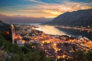 nature, Landscape, Cityscape, Kotor (town), Montenegro, Mountain, Lights, Sunset, Mist, Architecture, Sky, Clouds, Evening, Lake, Sun Rays, Church