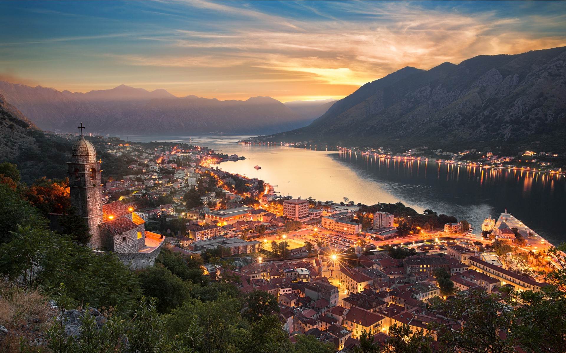 nature, Landscape, Cityscape, Kotor (town), Montenegro, Mountain, Lights, Sunset, Mist, Architecture, Sky, Clouds, Evening, Lake, Sun Rays, Church Wallpaper