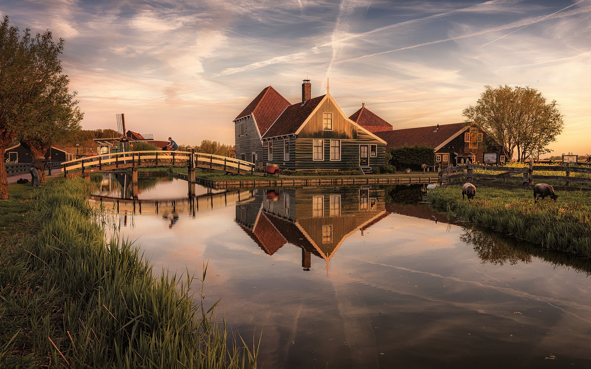 nature, Landscape, Canal, Bridge, Windmills, House, Grass, Netherlands