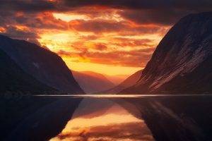 nature, Landscape, Fjord, Mountain, Sky, Clouds, Norway, Midnight, Summer, Water, Reflection, Sun Rays, Mist