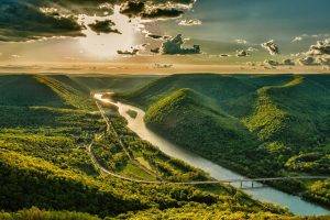 landscape, Nature, River, Highway, Road, Valley, Bridge, Sunset, Mountain, Spring, Green, Clouds, Forest, Sky