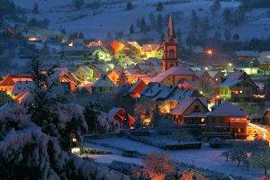 landscape, Nature, Village, Winter, Snow, Lights, Street Light, House, Church, Trees, Hill, France, Cold
