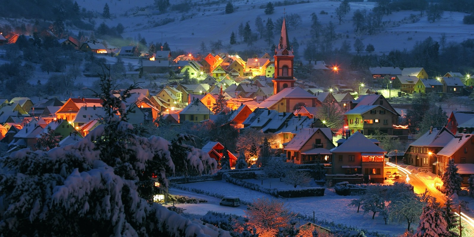 landscape, Nature, Village, Winter, Snow, Lights, Street Light, House, Church, Trees, Hill, France, Cold Wallpaper