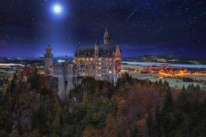 landscape, Nature, Neuschwanstein Castle, Germany, Starry Night, Moon, Valley, Trees, Lights, Architecture, Village, Palace, Fall