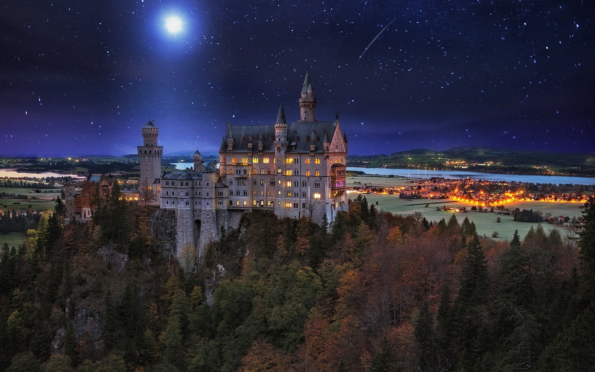 landscape, Nature, Neuschwanstein Castle, Germany, Starry Night, Moon, Valley, Trees, Lights, Architecture, Village, Palace, Fall Wallpaper