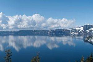 landscape, Lake, Crater Lake, Clouds, Reflection, Multiple Display, Snow
