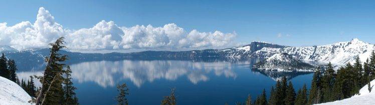 landscape, Lake, Crater Lake, Clouds, Reflection, Multiple Display, Snow HD Wallpaper Desktop Background