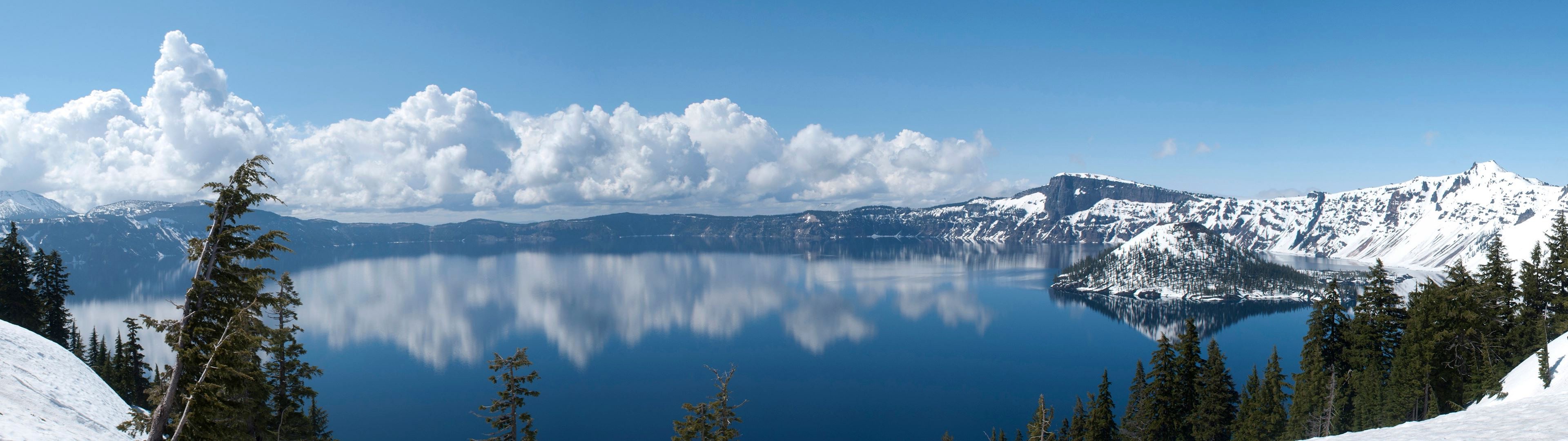 landscape, Lake, Crater Lake, Clouds, Reflection, Multiple Display, Snow Wallpapers HD