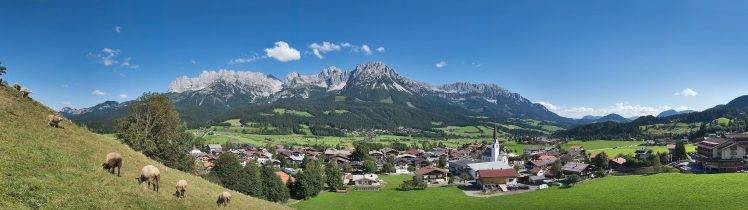 landscape, Austria, Town, Valley, Mountain, Sheep, Multiple Display HD Wallpaper Desktop Background