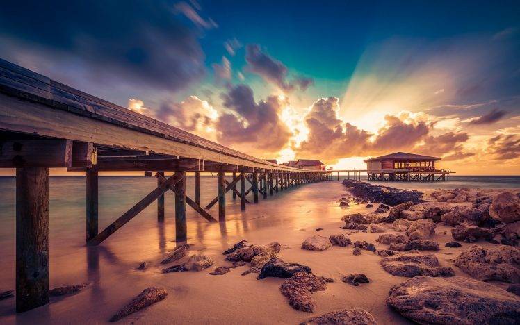 nature, Landscape, Maldives, Sunset, Resort, Sun Rays, Clouds, Sky, Sea, Sand, Rock, Island, Long Exposure, Pier, Beach, Coast HD Wallpaper Desktop Background