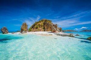 nature, Landscape, Island, Beach, Philippines, Tropical, Rock, Sand, Turquoise, Sea, Water, Summer, Mountain, Clouds
