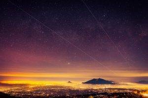 nature, Landscape, Starry Night, Cityscape, Mountain, Mist, Lights, Valley, Lines