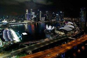 landscape, Singapore, Night, Formula 1, Race Cars, Cityscape, Skyscraper, Lights, Bay, Urban, Architecture, Modern, Highway