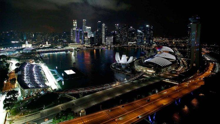 landscape, Singapore, Night, Formula 1, Race Cars, Cityscape, Skyscraper, Lights, Bay, Urban, Architecture, Modern, Highway HD Wallpaper Desktop Background