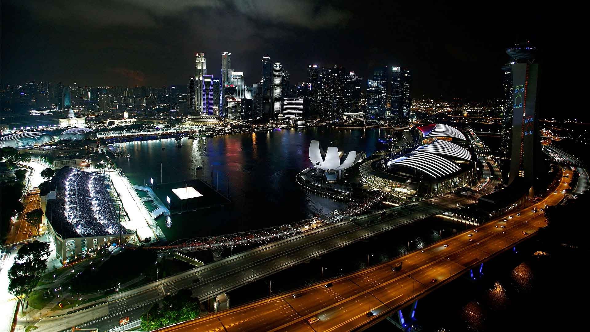 landscape, Singapore, Night, Formula 1, Race Cars, Cityscape, Skyscraper, Lights, Bay, Urban, Architecture, Modern, Highway Wallpaper