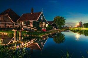 nature, Landscape, Canal, House, Bridge, Water, Lantern, Reflection, Netherlands, Trees, Grass, Lights, Blue, Europe, Evening, Zaanse Schans