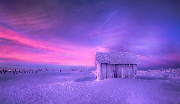 nature, Landscape, Hut, Sunrise, Snow, Winter, Sky, Norway, Cold, Frost, Fence, Pine Trees HD Wallpaper Desktop Background