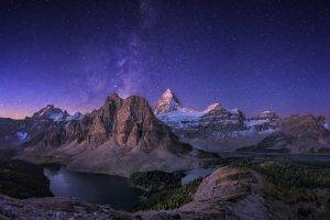 nature, Landscape, Panoramas, Canada, Mountain, Lake, Starry Night, Forest, Milky Way, Long Exposure