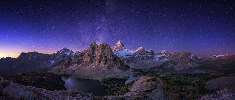 nature, Landscape, Panoramas, Canada, Mountain, Lake, Starry Night, Forest, Milky Way, Long Exposure HD Wallpaper Desktop Background