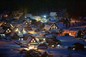 landscape, Nature, Village, Lights, Japan, Snow, Winter, Night, Trees, House, Shirakawa go