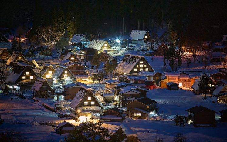 landscape, Nature, Village, Lights, Japan, Snow, Winter, Night, Trees, House, Shirakawa go HD Wallpaper Desktop Background