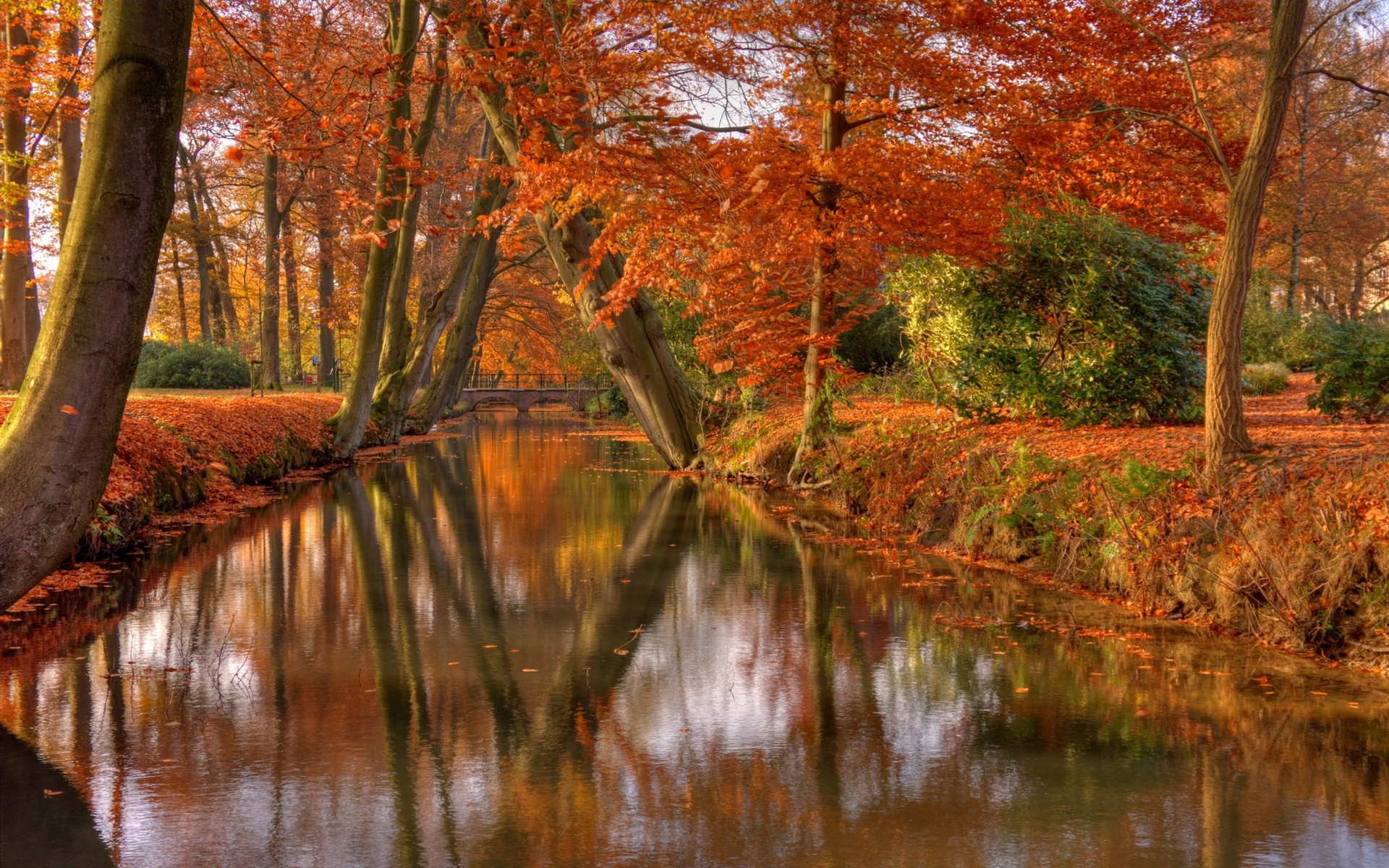 nature, Landscape, Park, Shrubs, Trees, Leaves, Canal, Reflection, Bridge, Fall, Water Wallpaper