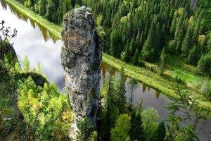 nature, Landscape, Trees, Water, River, Stream, Rock, Forest, Rock Formation, Pine Trees, Reflection, Bird's Eye View
