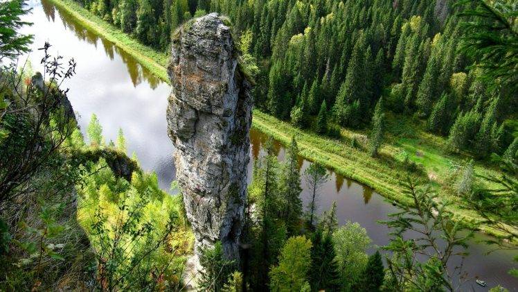 nature, Landscape, Trees, Water, River, Stream, Rock, Forest, Rock Formation, Pine Trees, Reflection, Bird’s Eye View HD Wallpaper Desktop Background