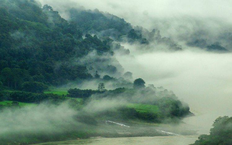 nature, Mist, Landscape, River, Mountain, Forest, India, Spring, Grass, Green HD Wallpaper Desktop Background