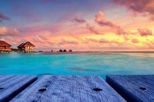 tropical, Beach, Nature, Sunset, Landscape, Bungalow, Maldives, Resort, Sky, Walkway, Island, Clouds, Turquoise, Water, Pier