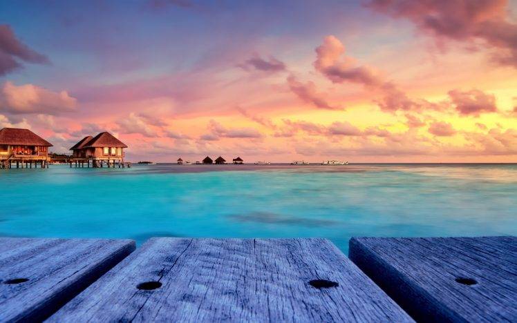 tropical, Beach, Nature, Sunset, Landscape, Bungalow, Maldives, Resort, Sky, Walkway, Island, Clouds, Turquoise, Water, Pier HD Wallpaper Desktop Background