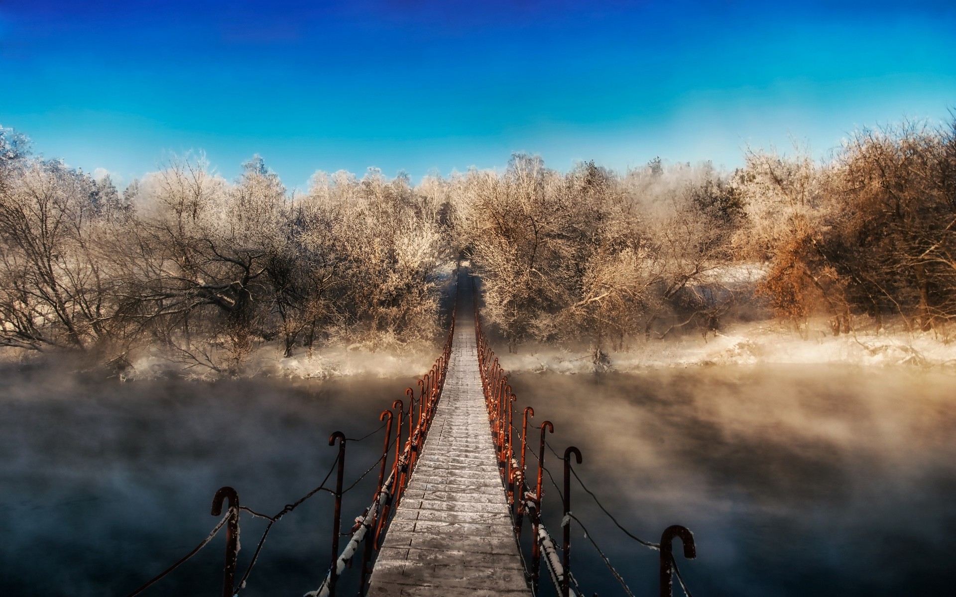 winter, Forest, Mist, Bridge, Walkway, Snow, Nature, Landscape, Path, Trees Wallpaper