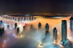 skyscraper, Cityscape, Mist, Dubai, United Arab Emirates, Night, Urban, Lights, Architecture, Landscape, Building