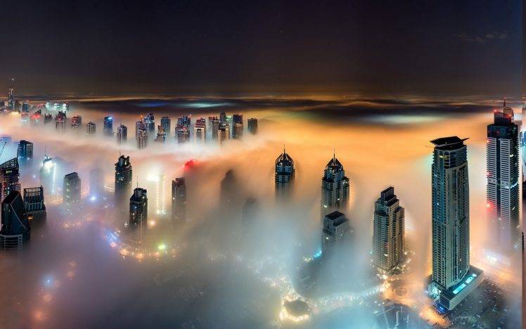 skyscraper, Cityscape, Mist, Dubai, United Arab Emirates, Night, Urban, Lights, Architecture, Landscape, Building HD Wallpaper Desktop Background