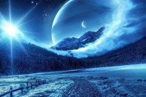 nature, Photo Manipulation, Planet, Moon, Landscape, Snow, Mist, Stars, Night, Starry Night, Fence, Path, Pine Trees, Forest