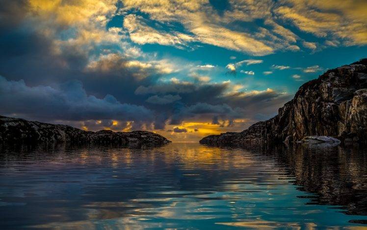 nature, Landscape, Sunset, Coast, Sky, Sea, Reflection, Clouds, Sunlight, Rock, Water, Blue HD Wallpaper Desktop Background