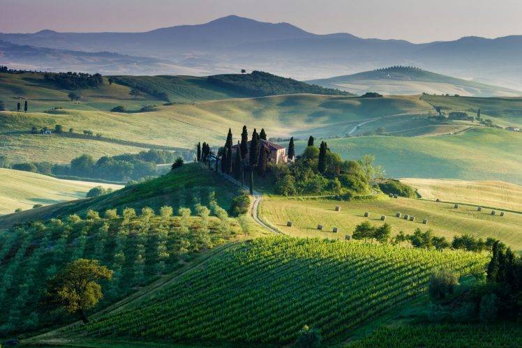 Italy, Landscape, Europe, Field, Sunlight, Hill, Farm, Haystacks HD Wallpaper Desktop Background
