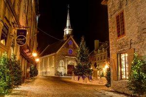 architecture, City, Town, Building, Old Building, History, Tower, Street, Window, House, Quebec, Canada, Christmas, Trees, Lights, Christmas Tree, Christmas Lights, Winter, Church, Christianity, Long Exposure, Night, Snow
