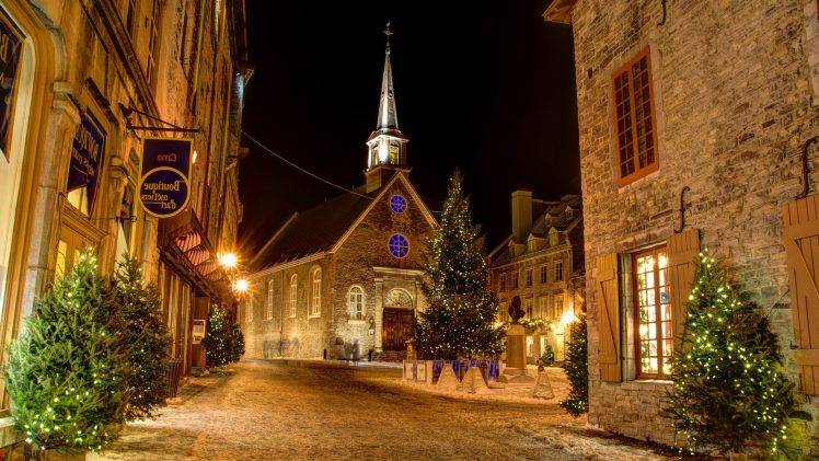 architecture, City, Town, Building, Old Building, History, Tower, Street, Window, House, Quebec, Canada, Christmas, Trees, Lights, Christmas Tree, Christmas Lights, Winter, Church, Christianity, Long Exposure, Night, Snow HD Wallpaper Desktop Background