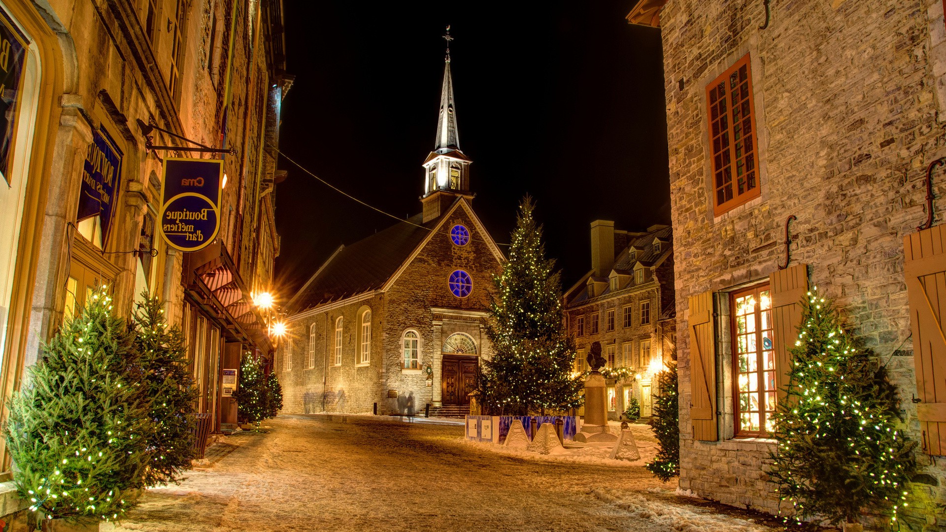 architecture, City, Town, Building, Old Building, History, Tower, Street, Window, House, Quebec, Canada, Christmas, Trees, Lights, Christmas Tree, Christmas Lights, Winter, Church, Christianity, Long Exposure, Night, Snow Wallpaper